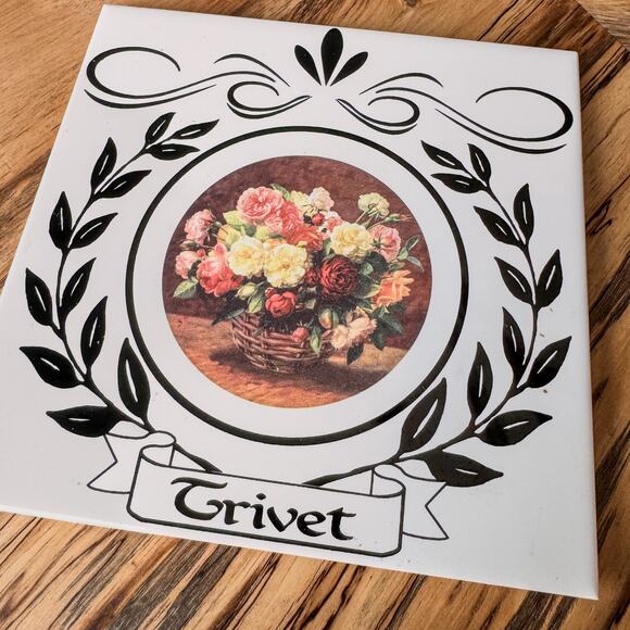 1960’s Vintage Kiln Fired TileCraft Trivet, Gorgeous Bouquet in Basket , 6” - Picture 2 of 4